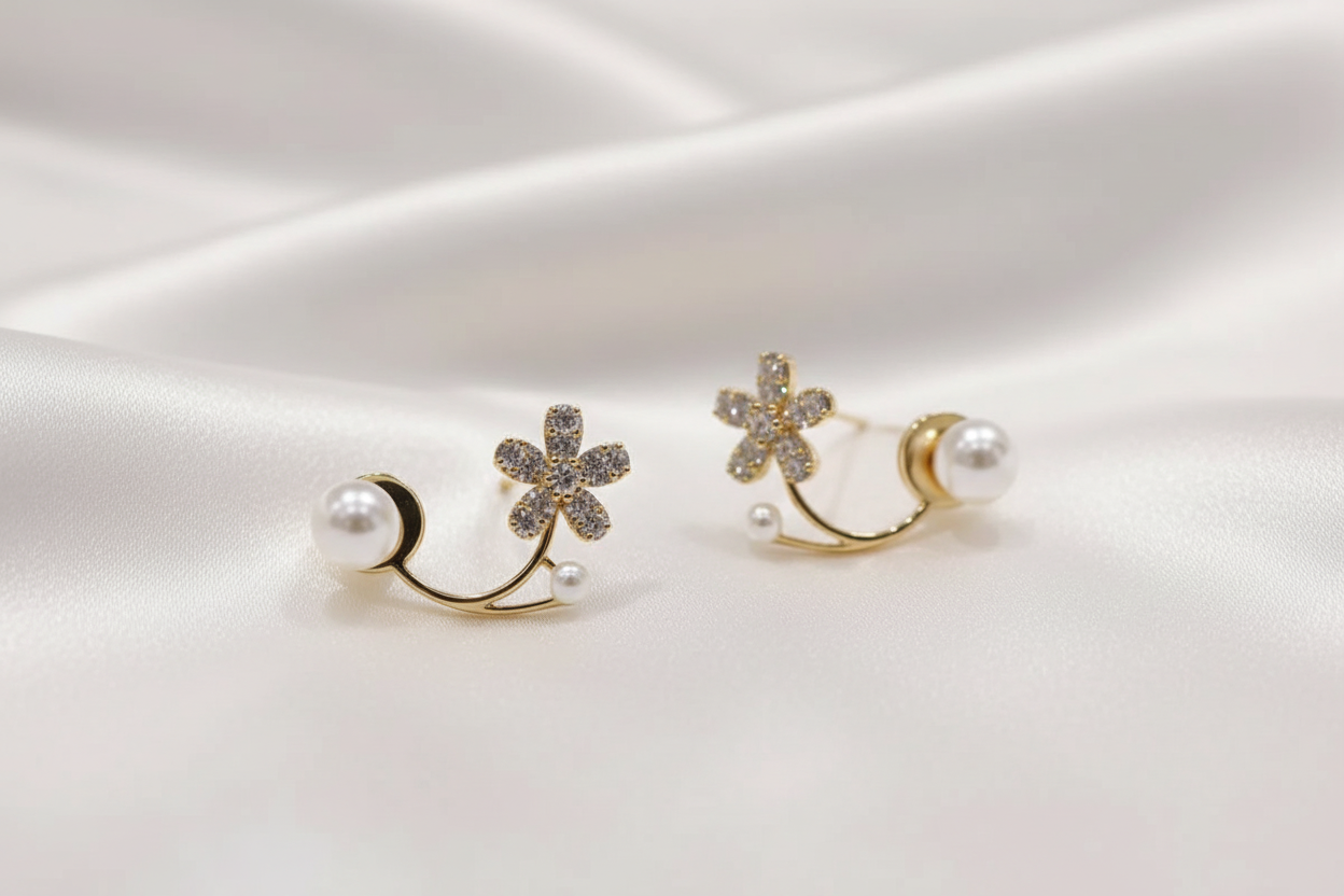 Crystal Flower Pearl Ear Jacket Earrings