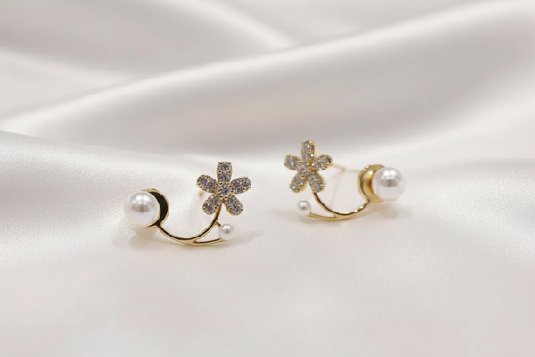 Crystal Flower Pearl Ear Jacket Earrings