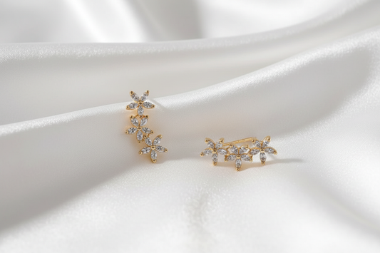 Gold Triple Daisy Ear Climber Earrings