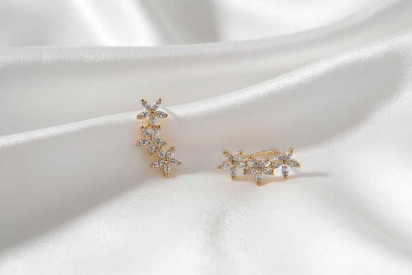 Gold Triple Daisy Ear Climber Earrings