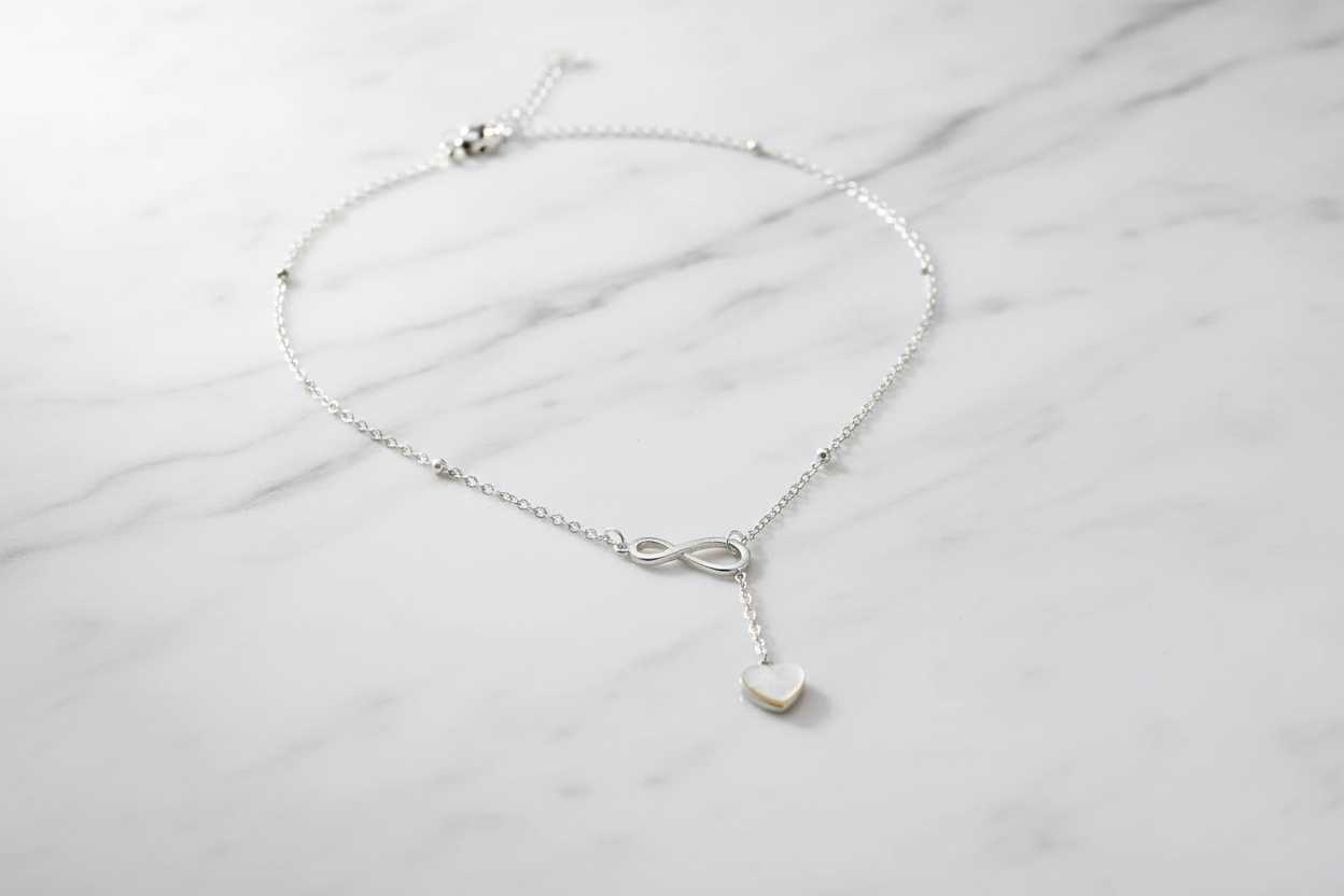 Silver Infinity Heart Lariat Necklace